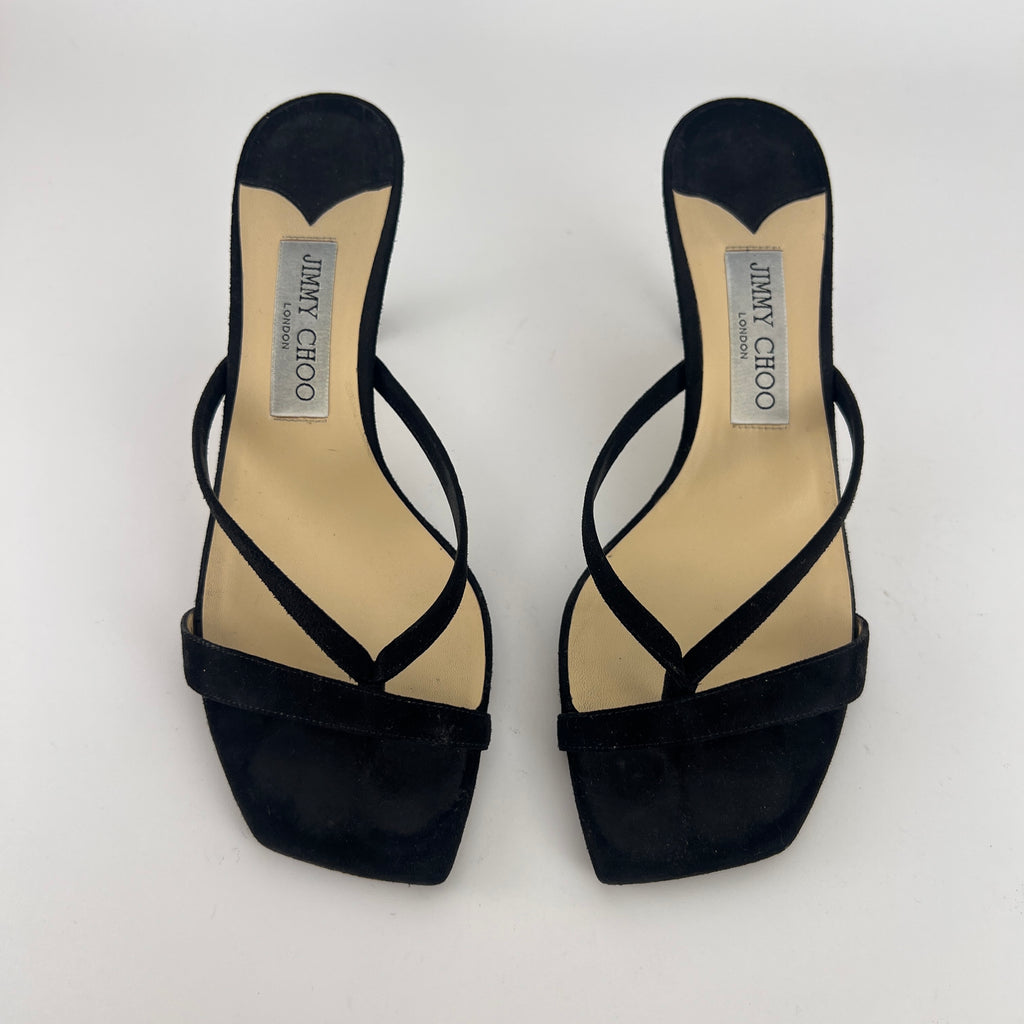 Jimmy Choo | Maelie 70 Black Suede Leather Thong Strappy Sandal Mules (38.5)