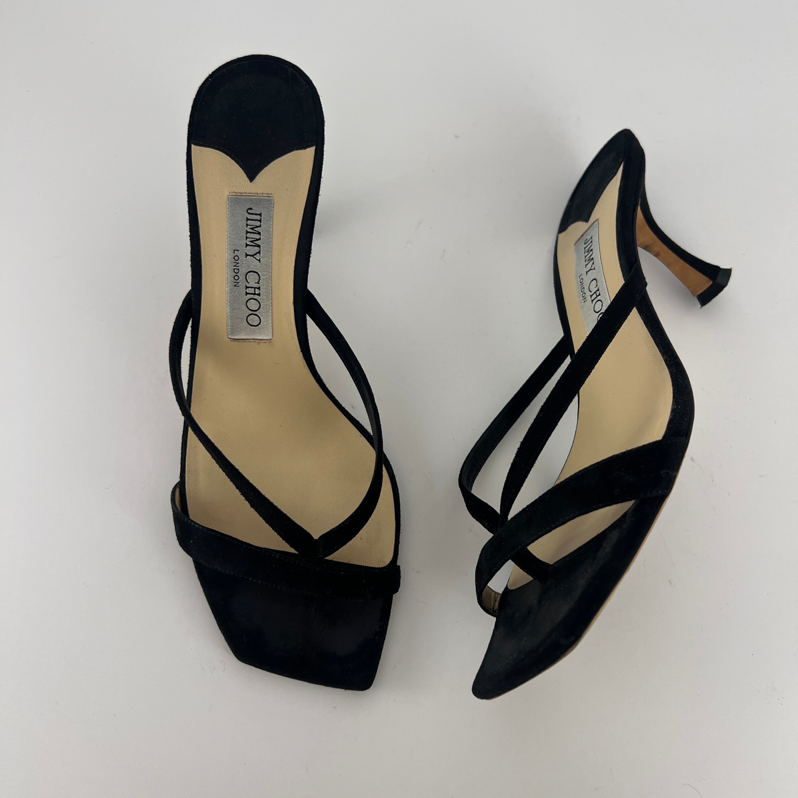 Jimmy Choo | Maelie 70 Black Suede Leather Thong Strappy Sandal Mules (38.5)