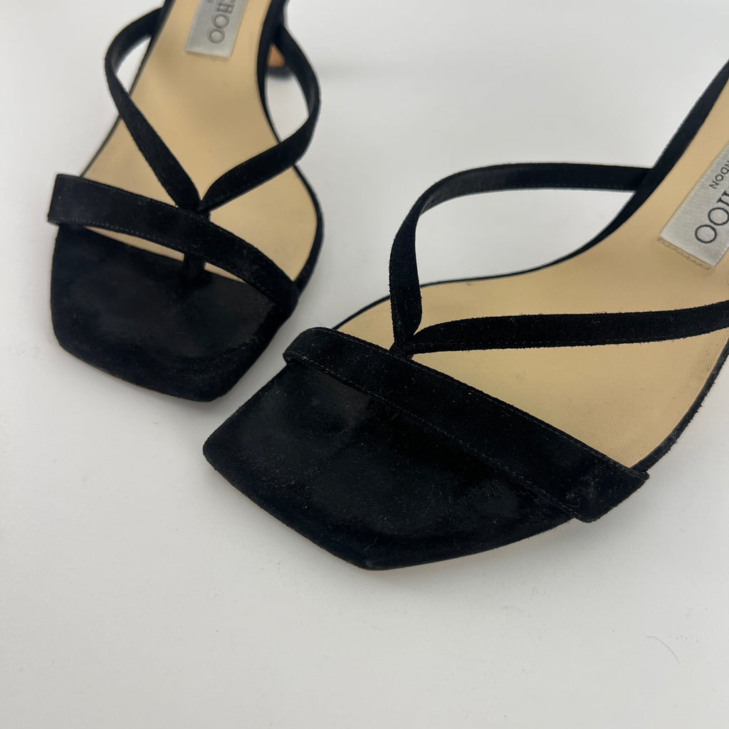 Jimmy Choo | Maelie 70 Black Suede Leather Thong Strappy Sandal Mules (38.5)