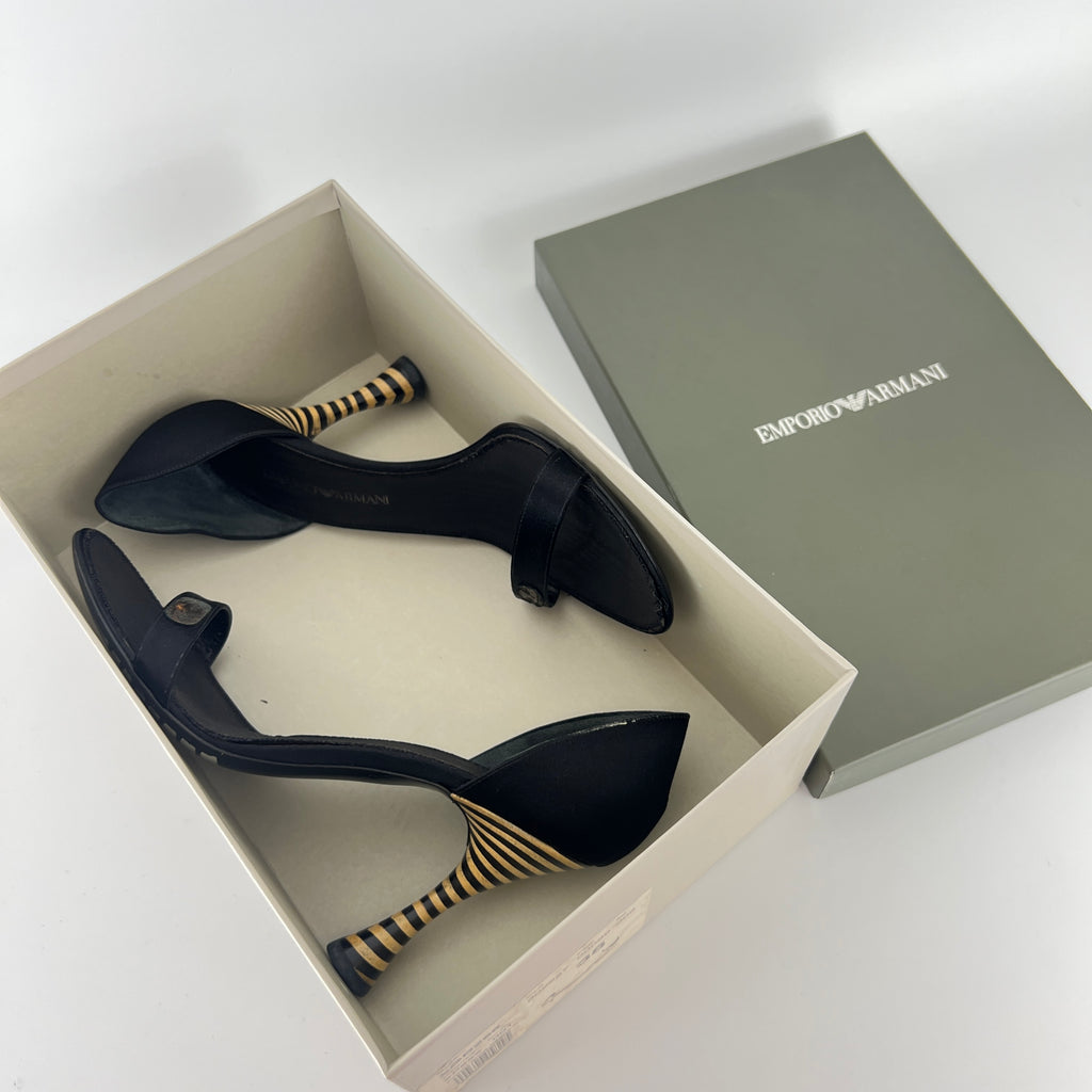 Armani | Black Satin Bicolor Striped Heel Strap D'Orsay Pumps (38)