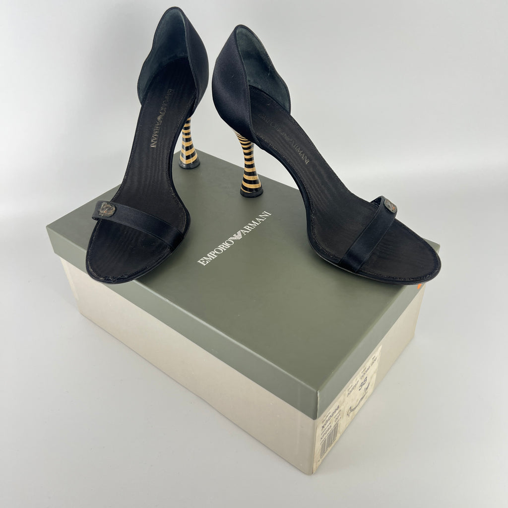 Armani | Black Satin Bicolor Striped Heel Strap D'Orsay Pumps (38)