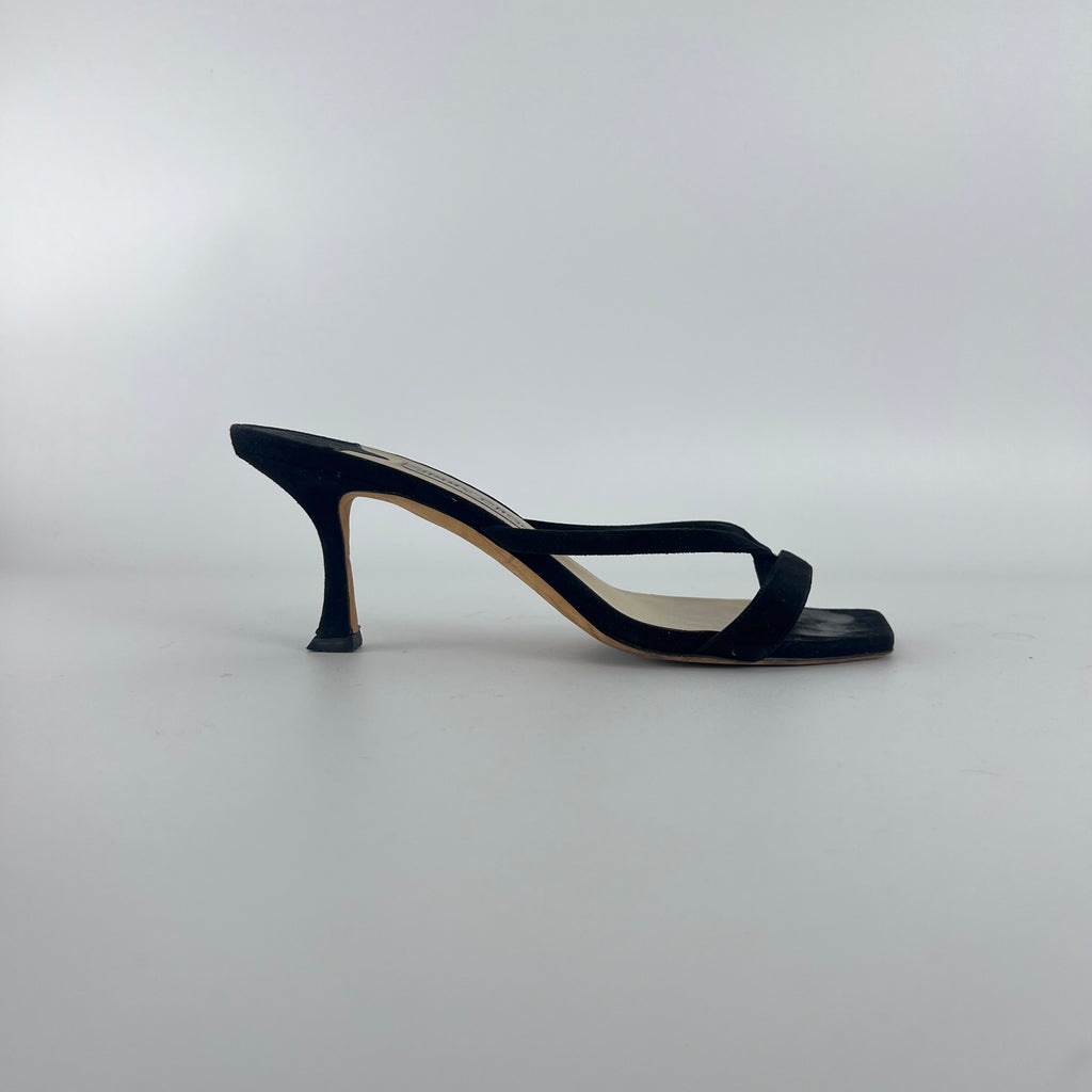 Jimmy Choo | Maelie 70 Black Suede Leather Thong Strappy Sandal Mules (38.5)
