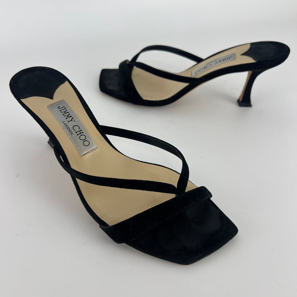 Jimmy Choo | Maelie 70 Black Suede Leather Thong Strappy Sandal Mules (38.5)