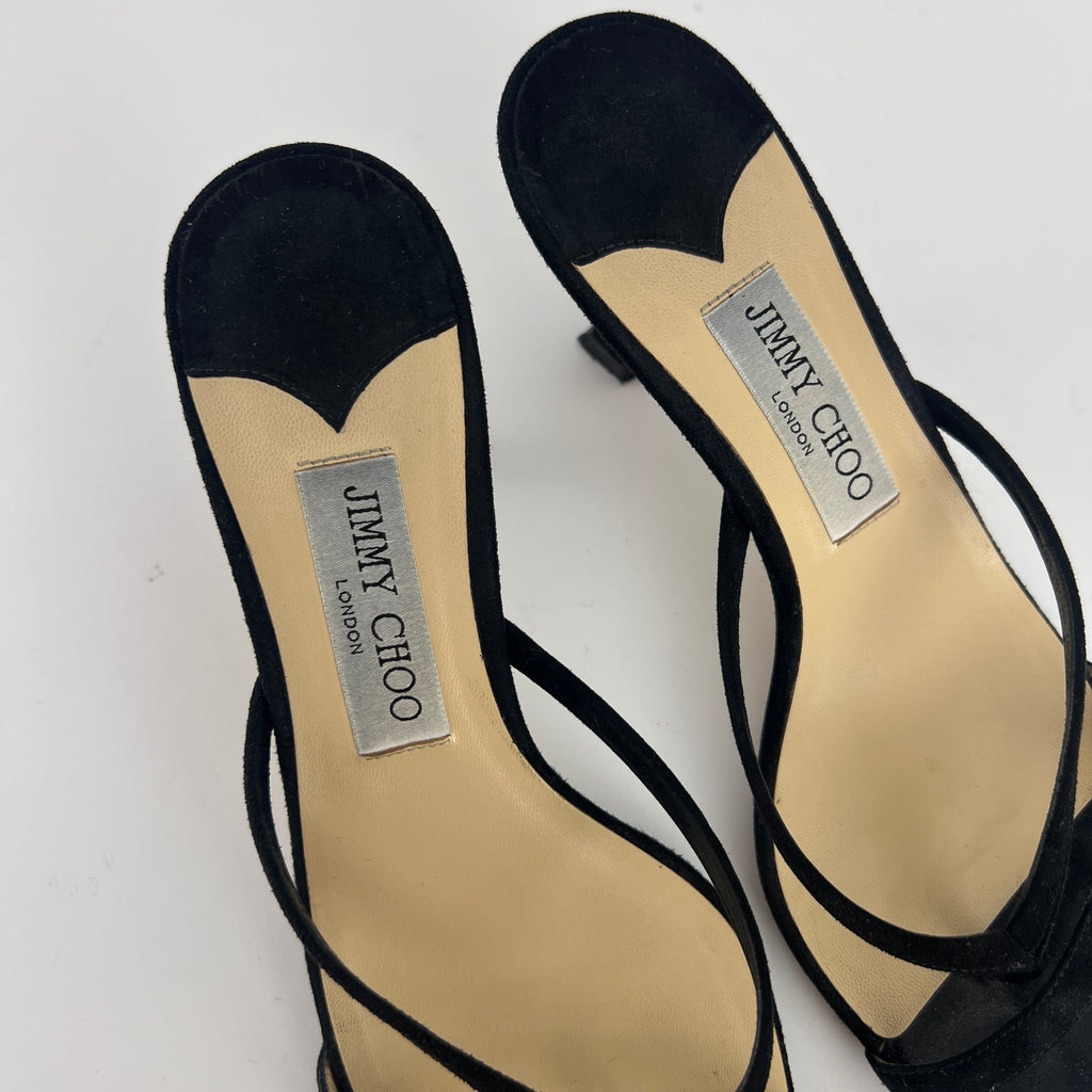 Jimmy Choo | Maelie 70 Black Suede Leather Thong Strappy Sandal Mules (38.5)