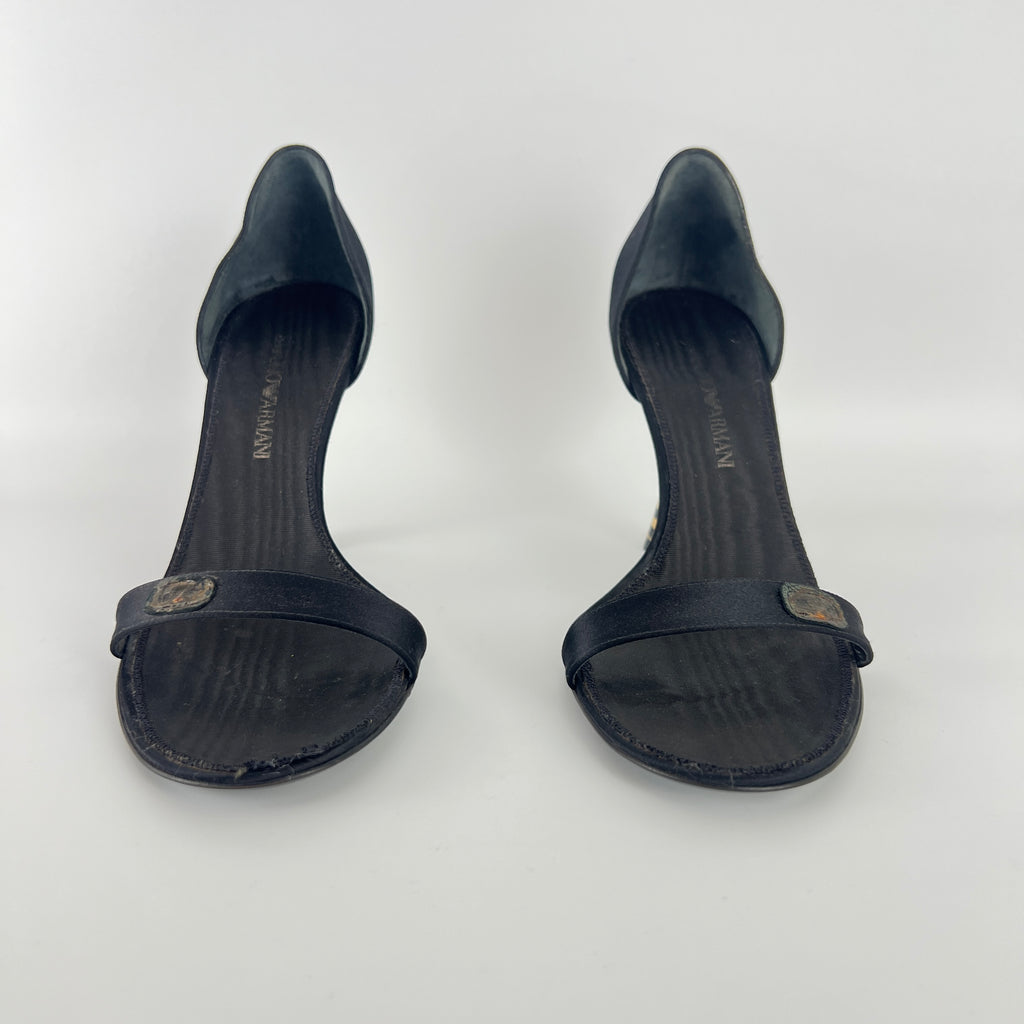 Armani | Black Satin Bicolor Striped Heel Strap D'Orsay Pumps (38)