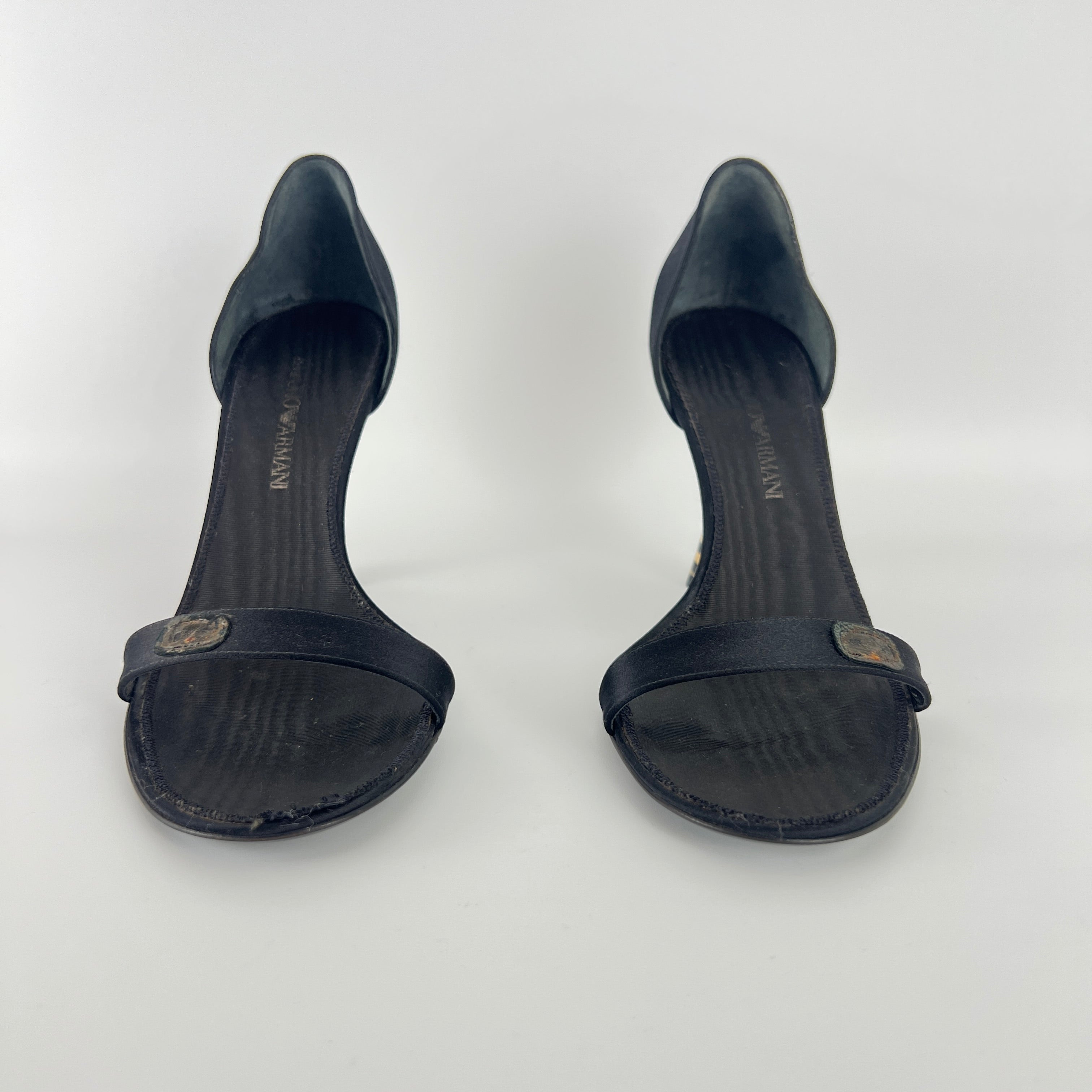 Armani | Black Satin Bicolor Striped Heel Strap D'Orsay Pumps (38)