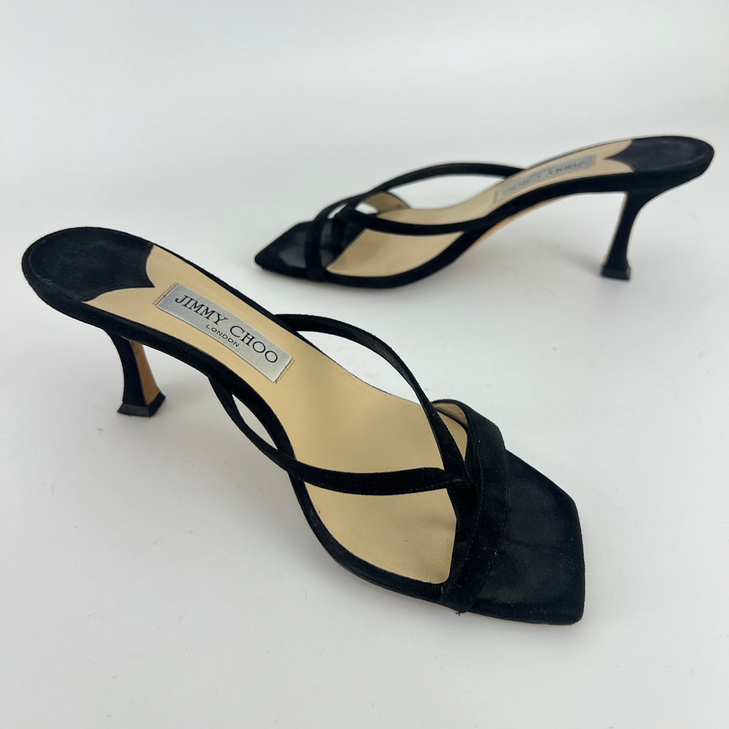 Jimmy Choo | Maelie 70 Black Suede Leather Thong Strappy Sandal Mules (38.5)