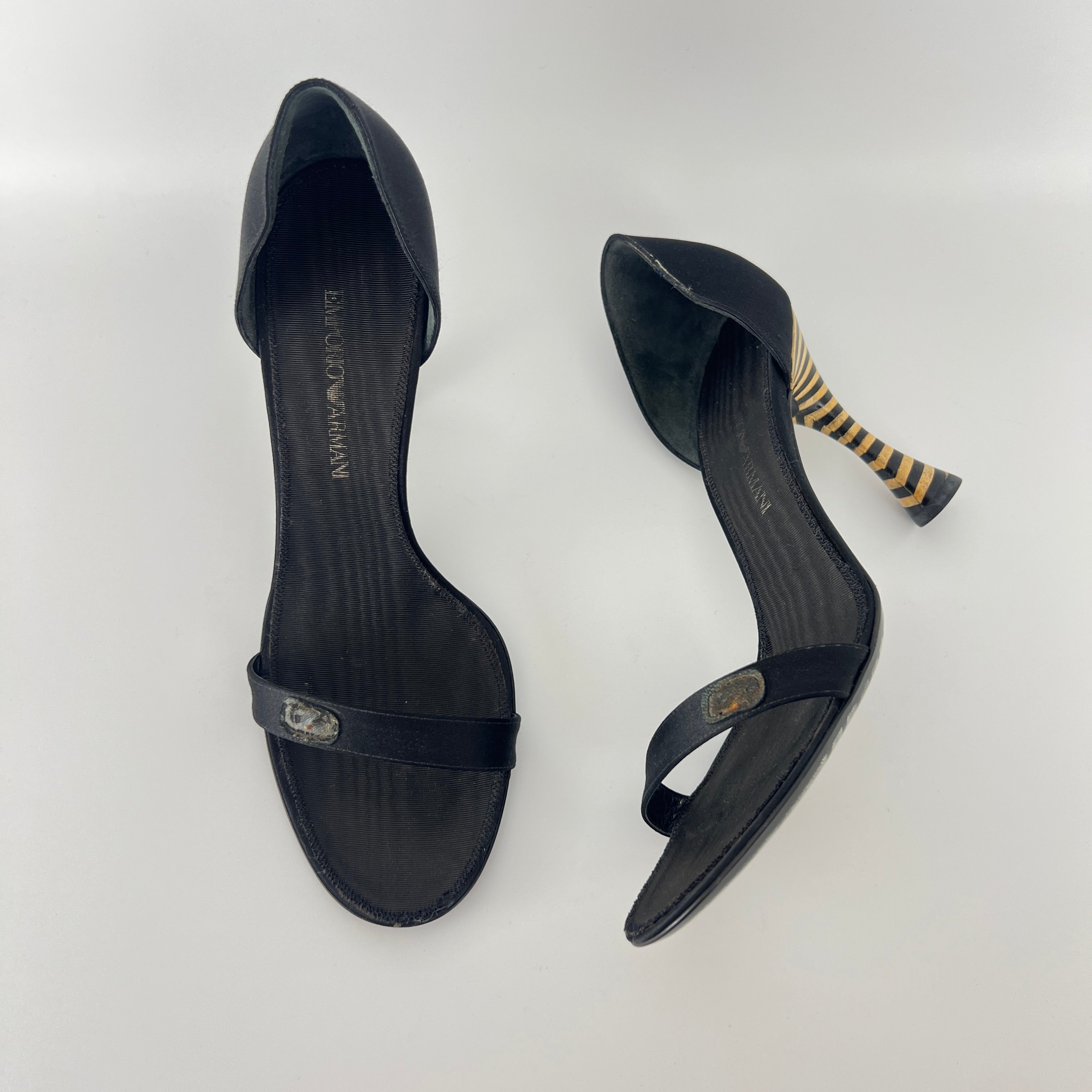 Armani | Black Satin Bicolor Striped Heel Strap D'Orsay Pumps (38)