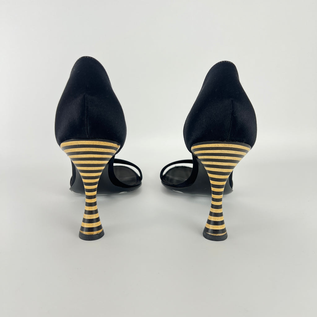 Armani | Black Satin Bicolor Striped Heel Strap D'Orsay Pumps (38)