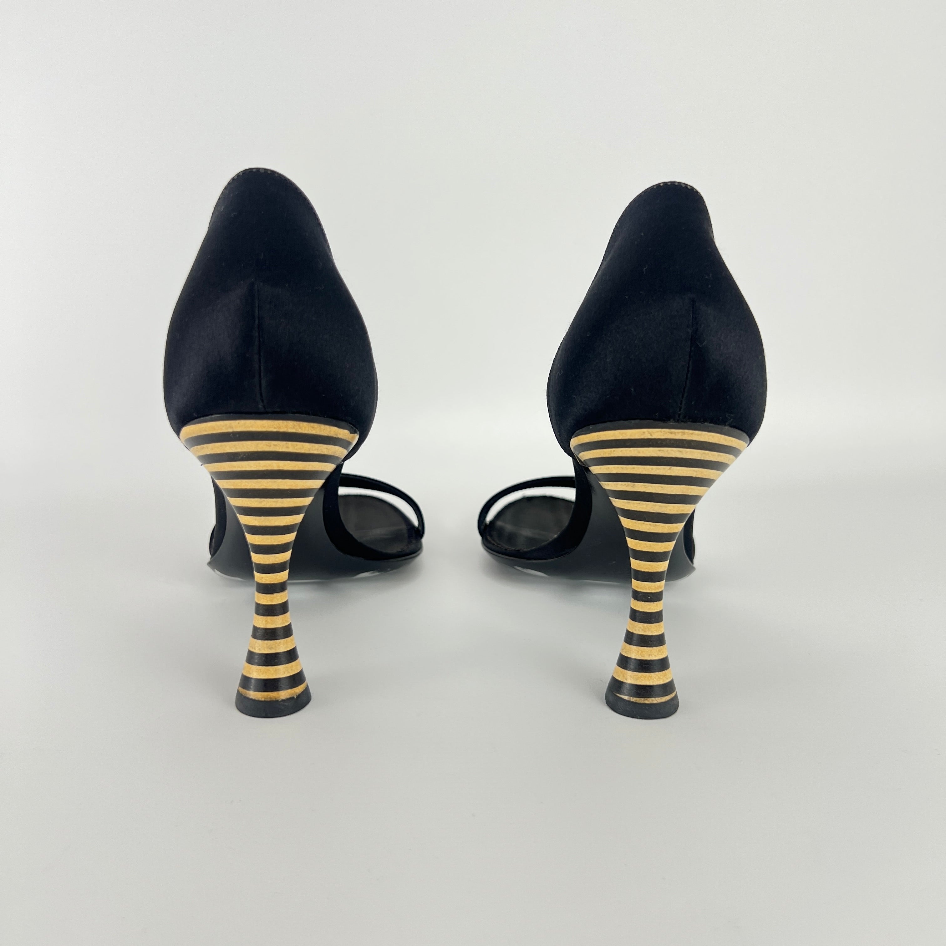 Armani | Black Satin Bicolor Striped Heel Strap D'Orsay Pumps (38)