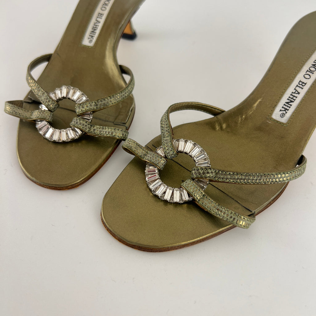 Manolo Blahnik | Vintage Olive Lizard Leather Jewel Ring Kitten Heel Mules Rare (35.5)