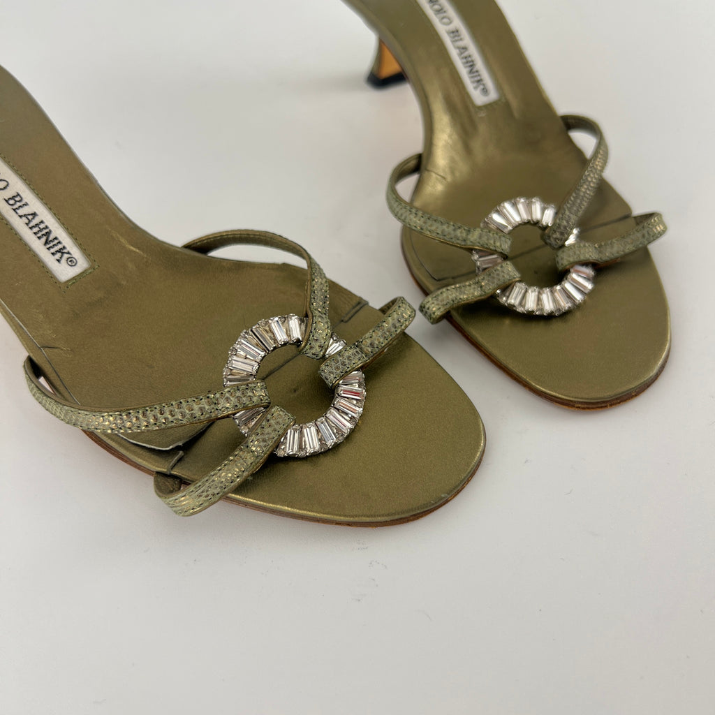 Manolo Blahnik | Vintage Olive Lizard Leather Jewel Ring Kitten Heel Mules Rare (35.5)