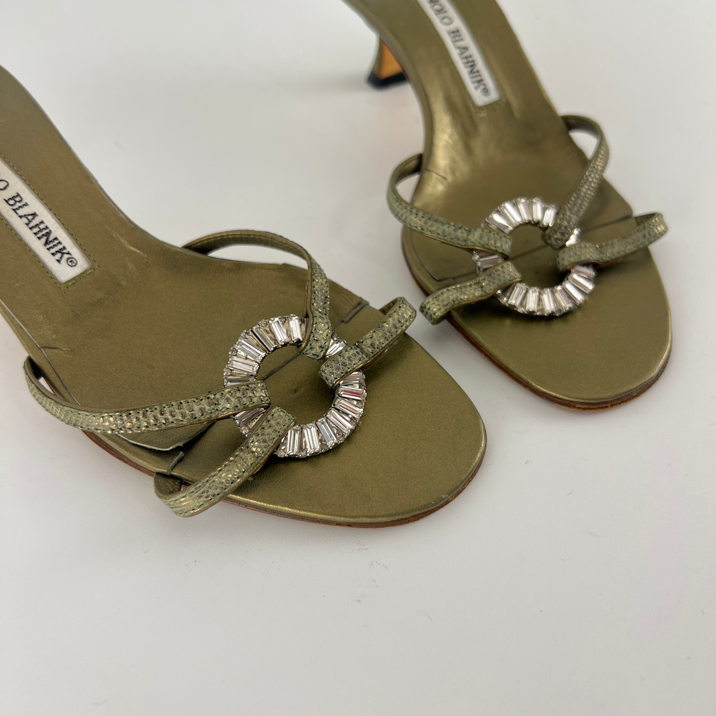 Manolo Blahnik | Vintage Olive Lizard Leather Jewel Ring Kitten Heel Mules Rare (35.5)