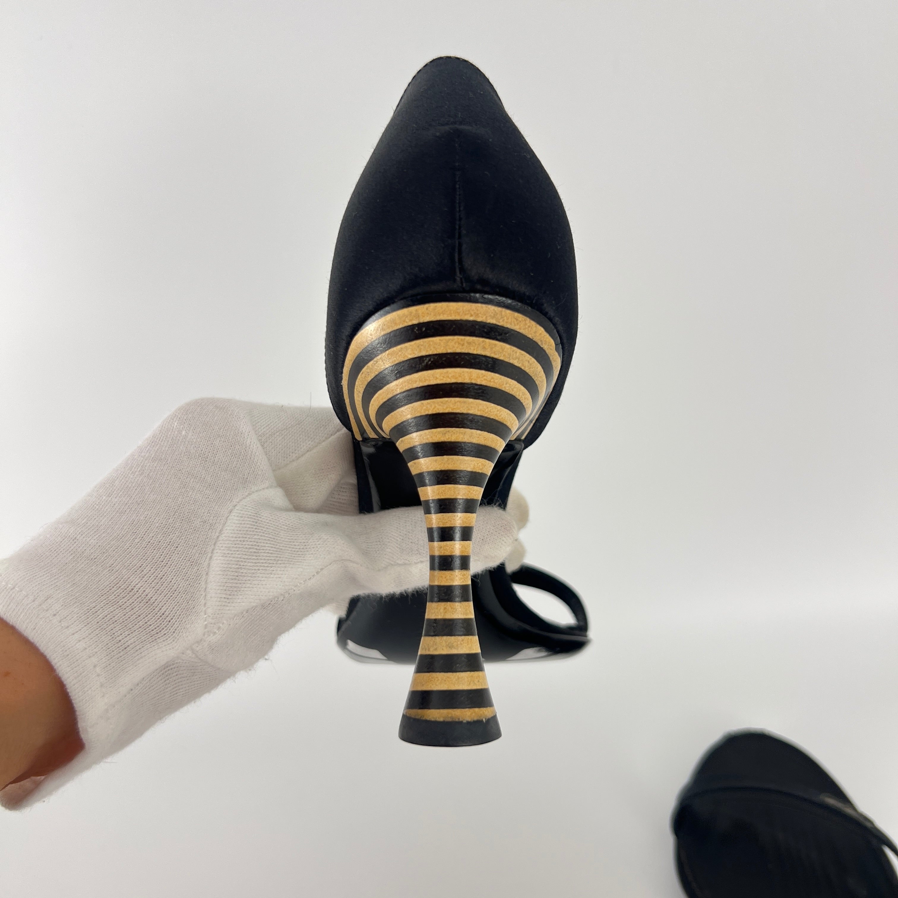 Armani | Black Satin Bicolor Striped Heel Strap D'Orsay Pumps (38)