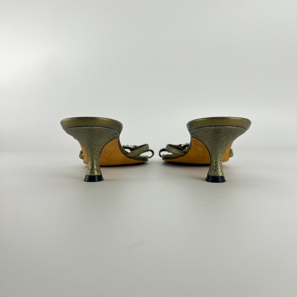 Manolo Blahnik | Vintage Olive Lizard Leather Jewel Ring Kitten Heel Mules Rare (35.5)
