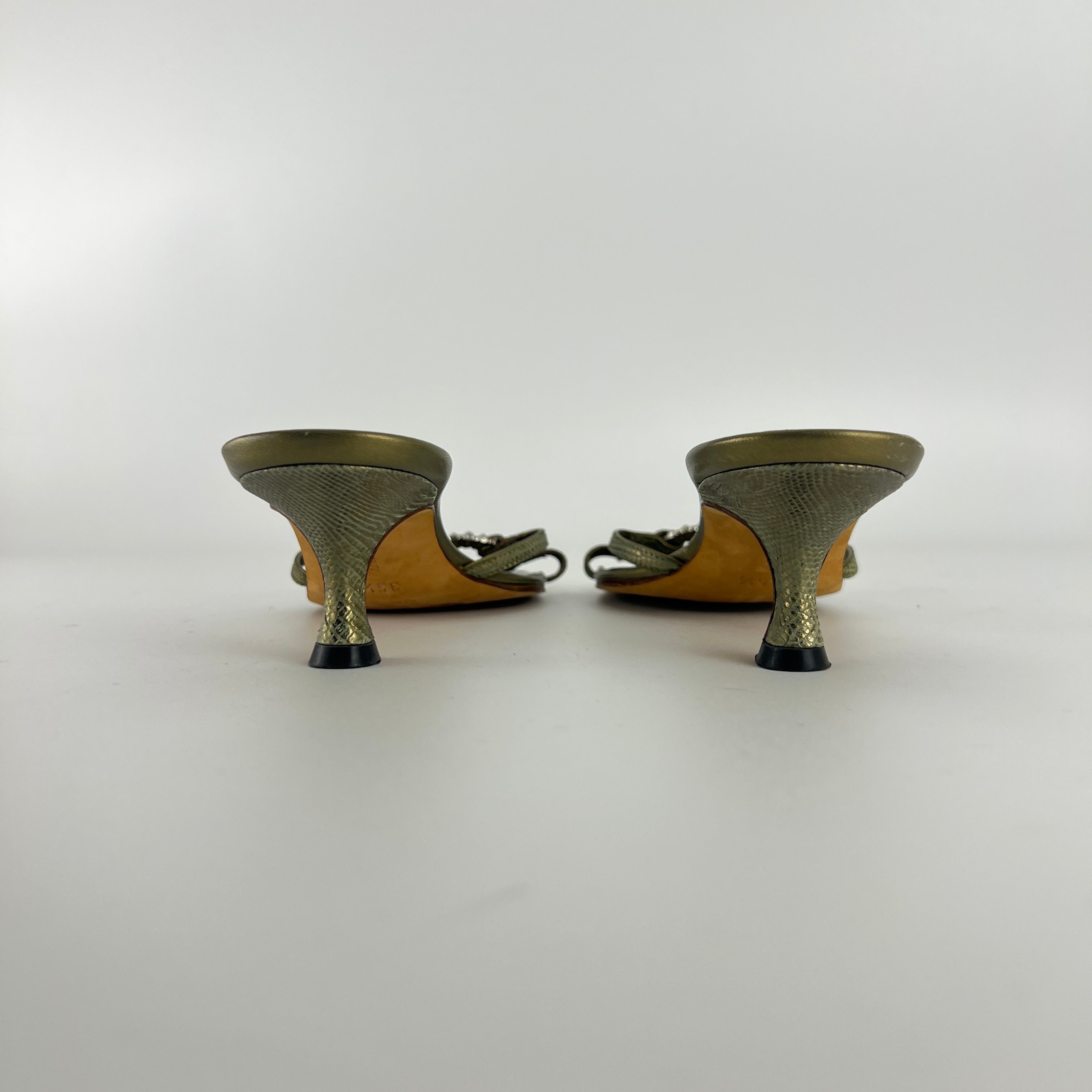 Manolo Blahnik | Vintage Olive Lizard Leather Jewel Ring Kitten Heel Mules Rare (35.5)
