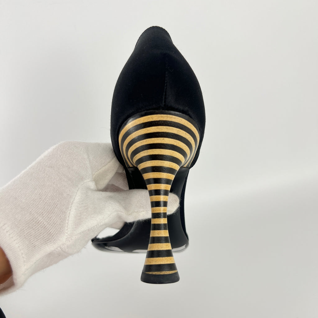 Armani | Black Satin Bicolor Striped Heel Strap D'Orsay Pumps (38)