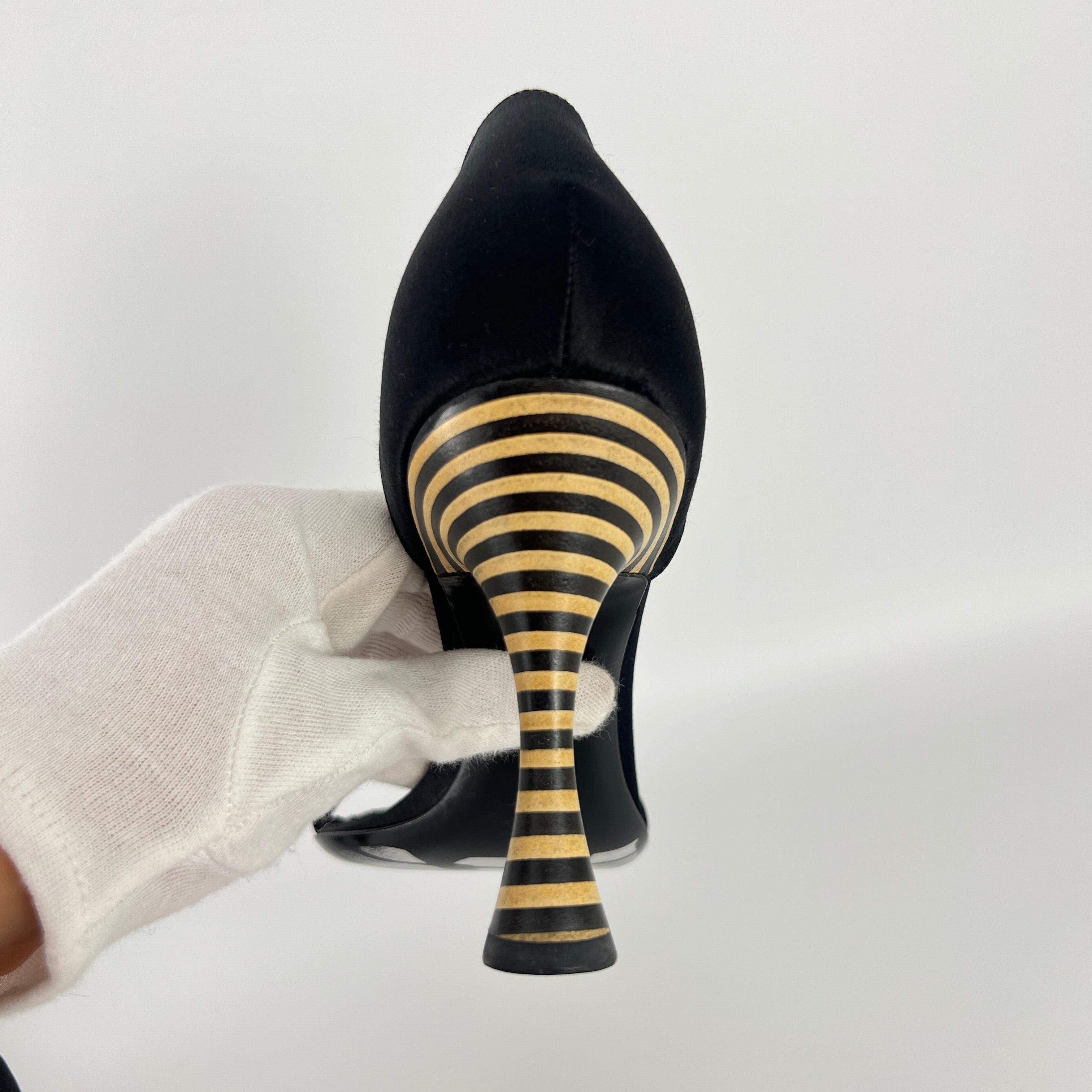 Armani | Black Satin Bicolor Striped Heel Strap D'Orsay Pumps (38)