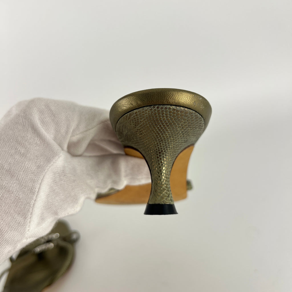 Manolo Blahnik | Vintage Olive Lizard Leather Jewel Ring Kitten Heel Mules Rare (35.5)