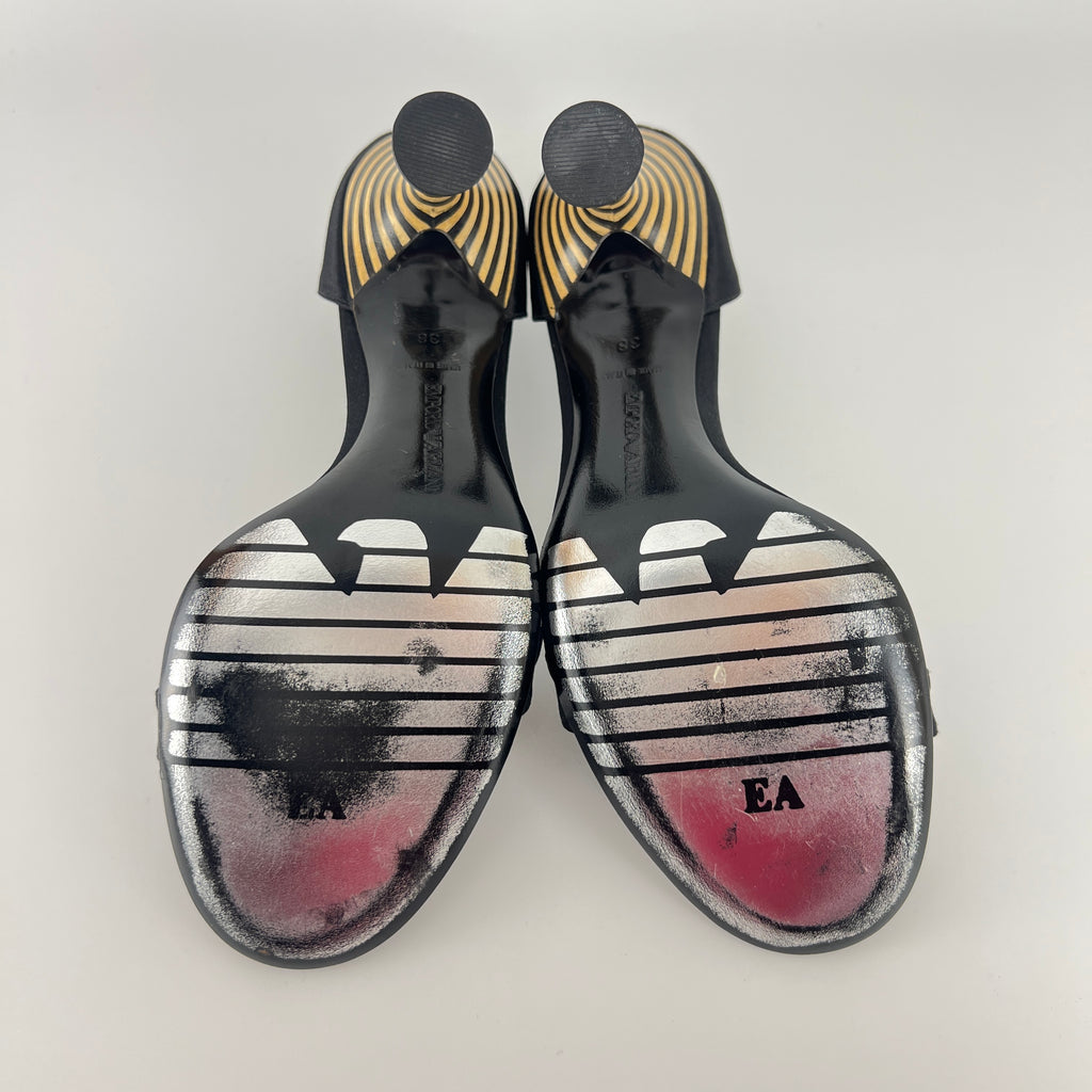 Armani | Black Satin Bicolor Striped Heel Strap D'Orsay Pumps (38)