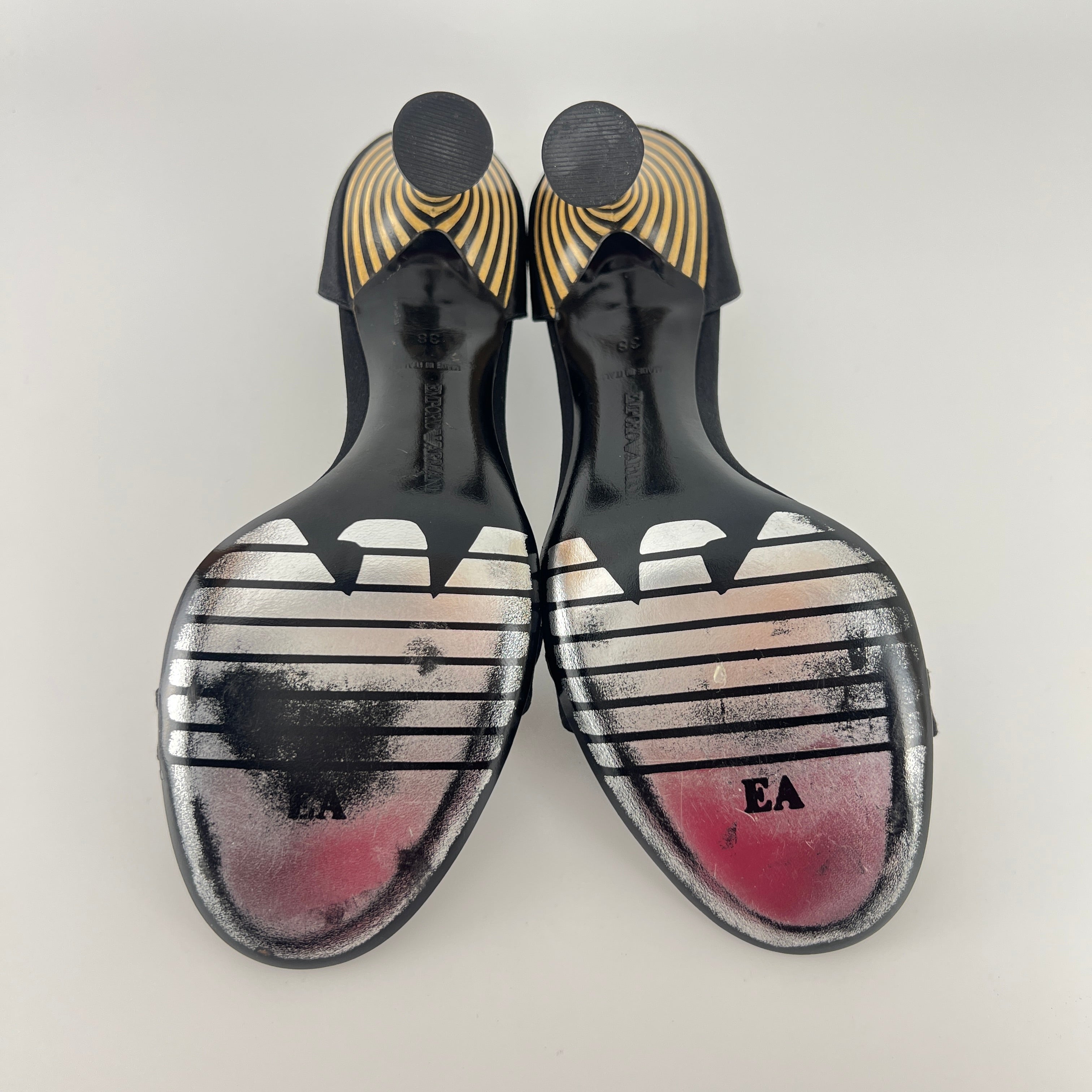Armani | Black Satin Bicolor Striped Heel Strap D'Orsay Pumps (38)