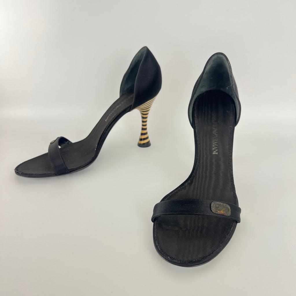 Armani | Black Satin Bicolor Striped Heel Strap D'Orsay Pumps (38)