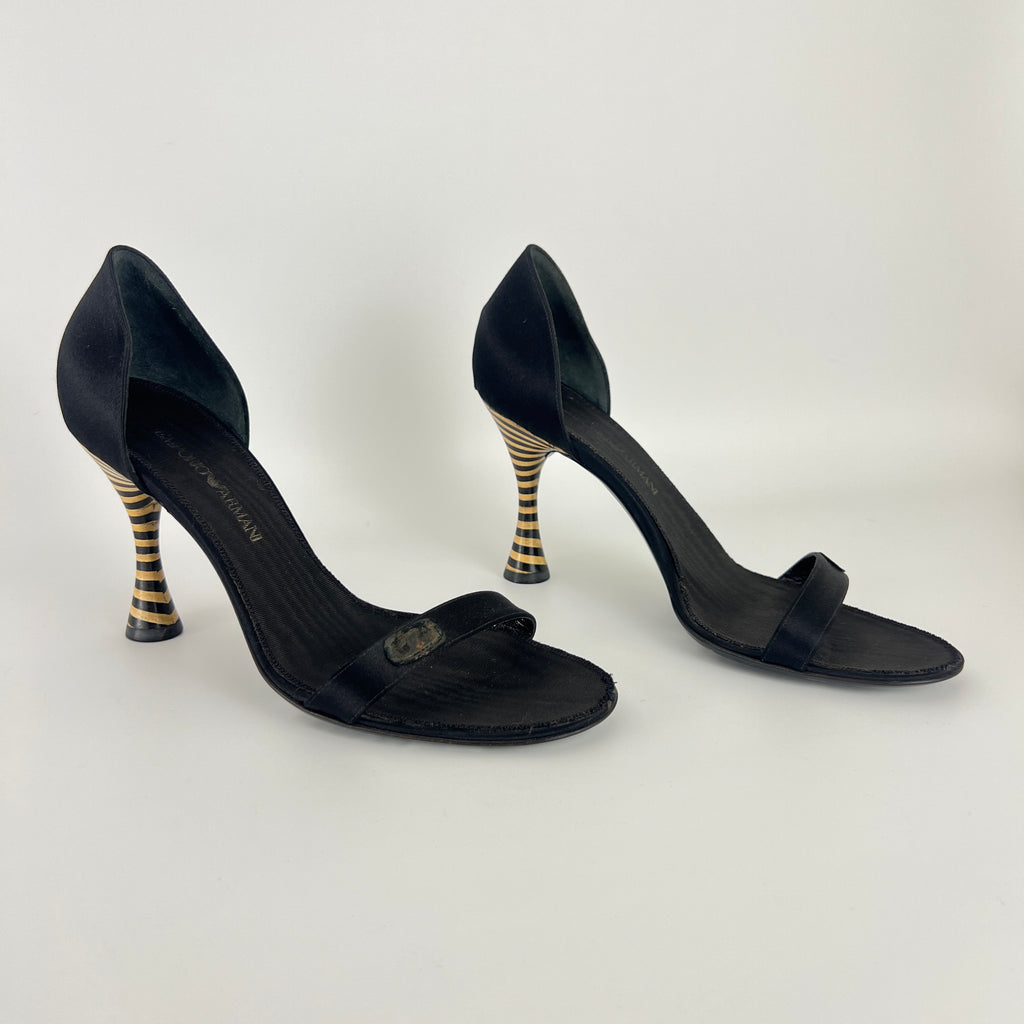 Armani | Black Satin Bicolor Striped Heel Strap D'Orsay Pumps (38)