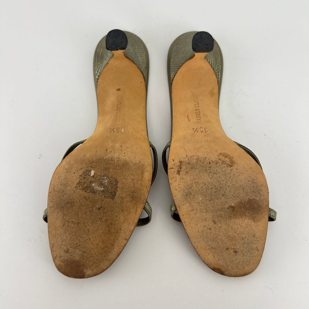 Manolo Blahnik | Vintage Olive Lizard Leather Jewel Ring Kitten Heel Mules Rare (35.5)