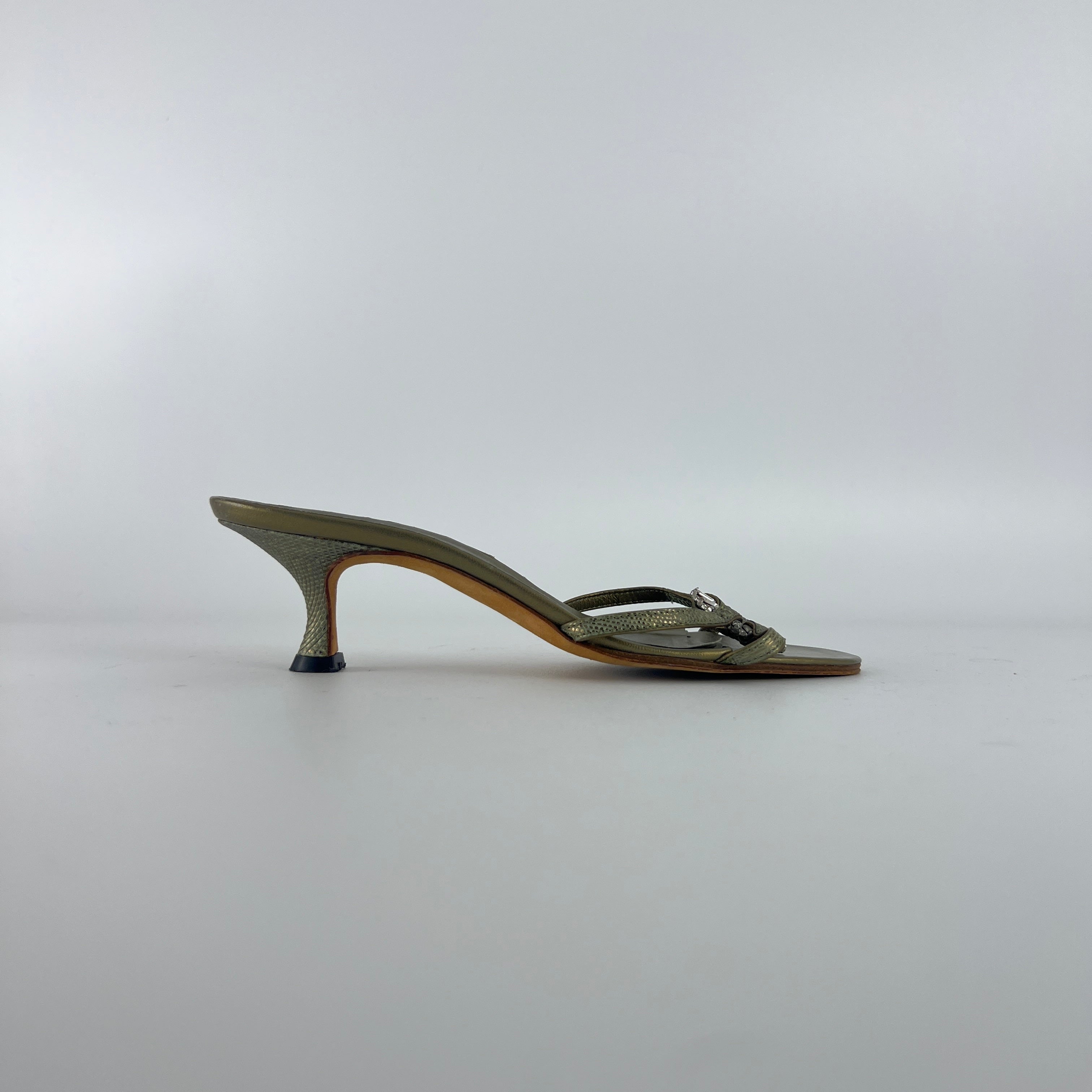 Manolo Blahnik | Vintage Olive Lizard Leather Jewel Ring Kitten Heel Mules Rare (35.5)