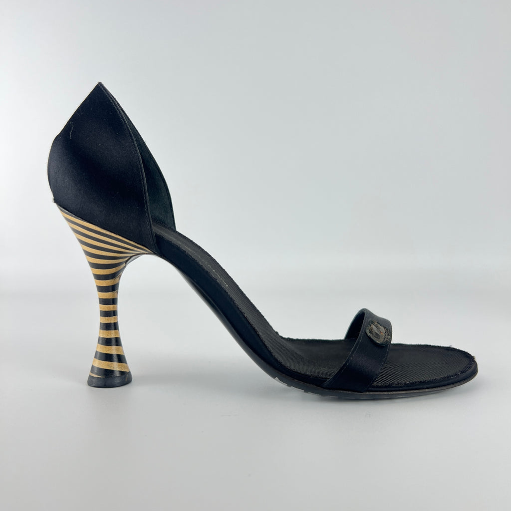 Armani | Black Satin Bicolor Striped Heel Strap D'Orsay Pumps (38)