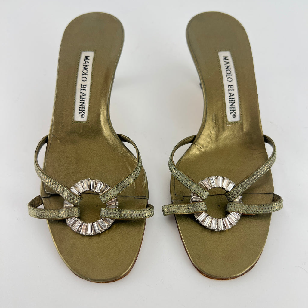 Manolo Blahnik | Vintage Olive Lizard Leather Jewel Ring Kitten Heel Mules Rare (35.5)