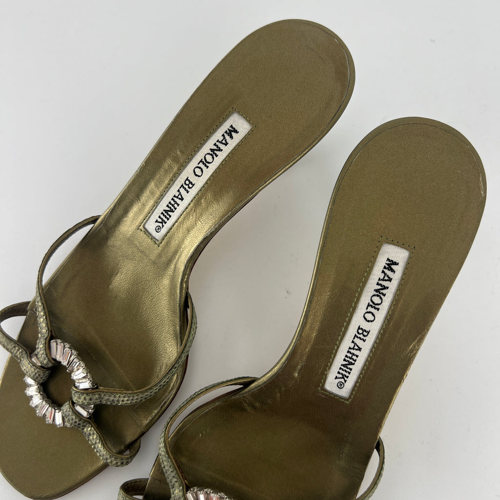 Manolo Blahnik | Vintage Olive Lizard Leather Jewel Ring Kitten Heel Mules Rare (35.5)