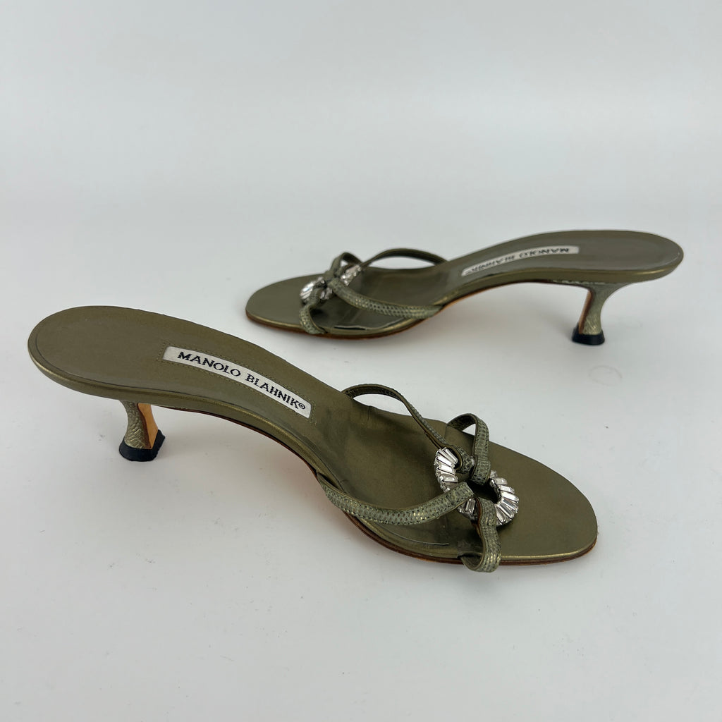 Manolo Blahnik | Vintage Olive Lizard Leather Jewel Ring Kitten Heel Mules Rare (35.5)