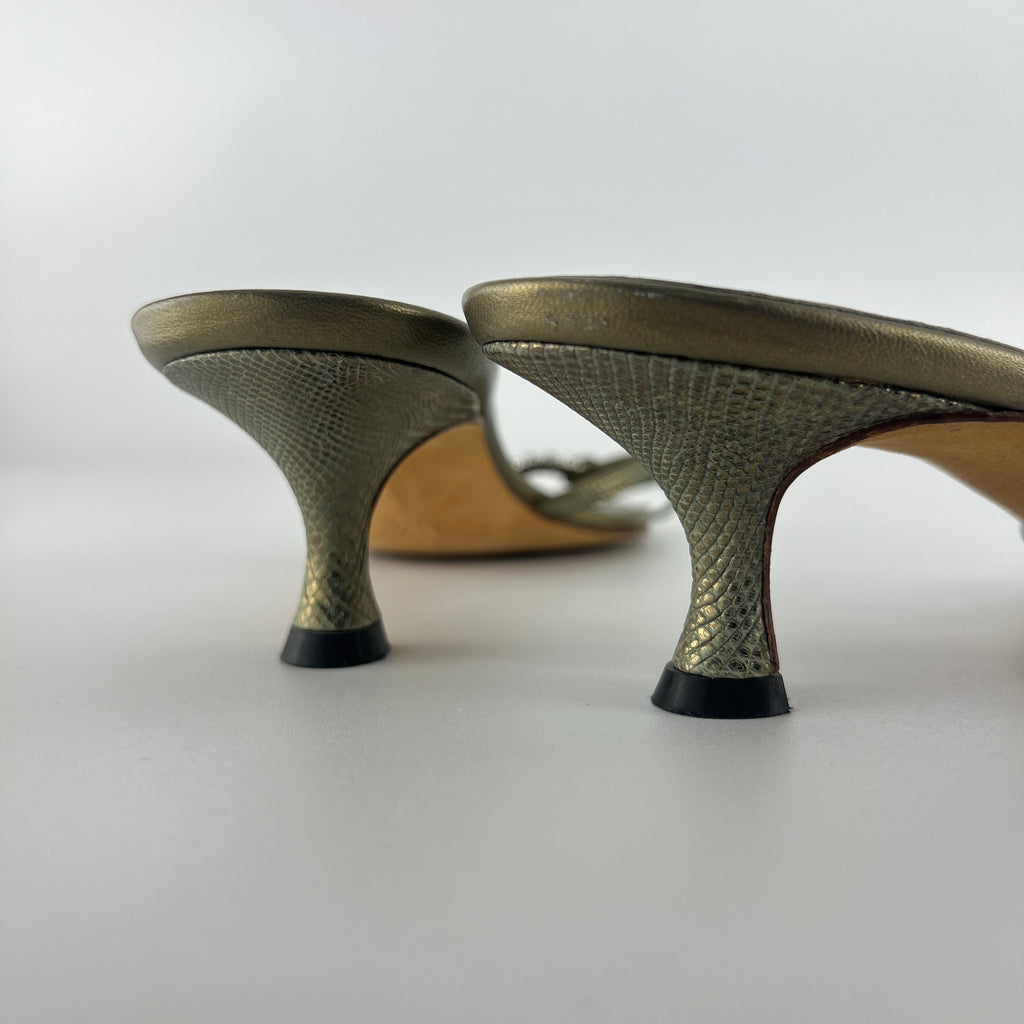 Manolo Blahnik | Vintage Olive Lizard Leather Jewel Ring Kitten Heel Mules Rare (35.5)