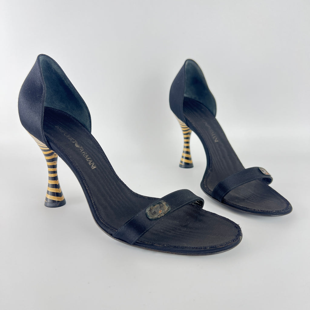 Armani | Black Satin Bicolor Striped Heel Strap D'Orsay Pumps (38)