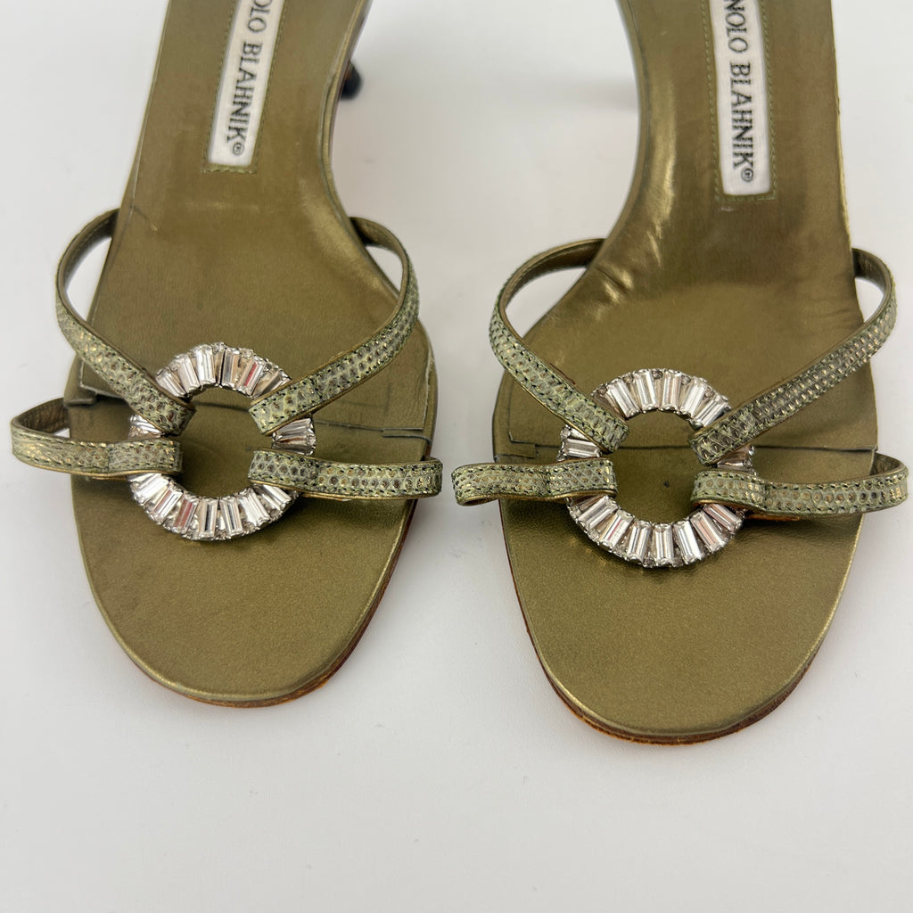 Manolo Blahnik | Vintage Olive Lizard Leather Jewel Ring Kitten Heel Mules Rare (35.5)