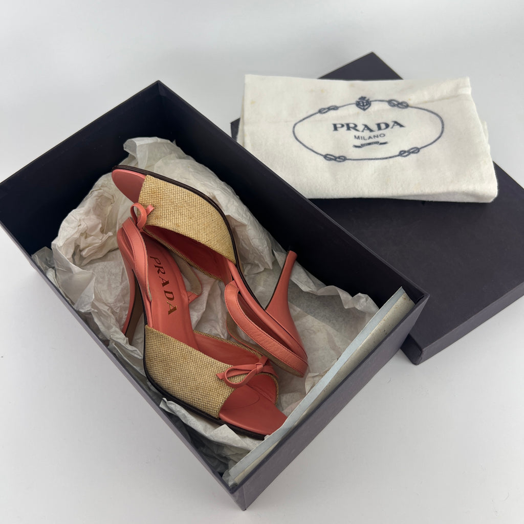 Prada | Vintage Pink Leather Bow Burlap Slingback Heels (35.5)
