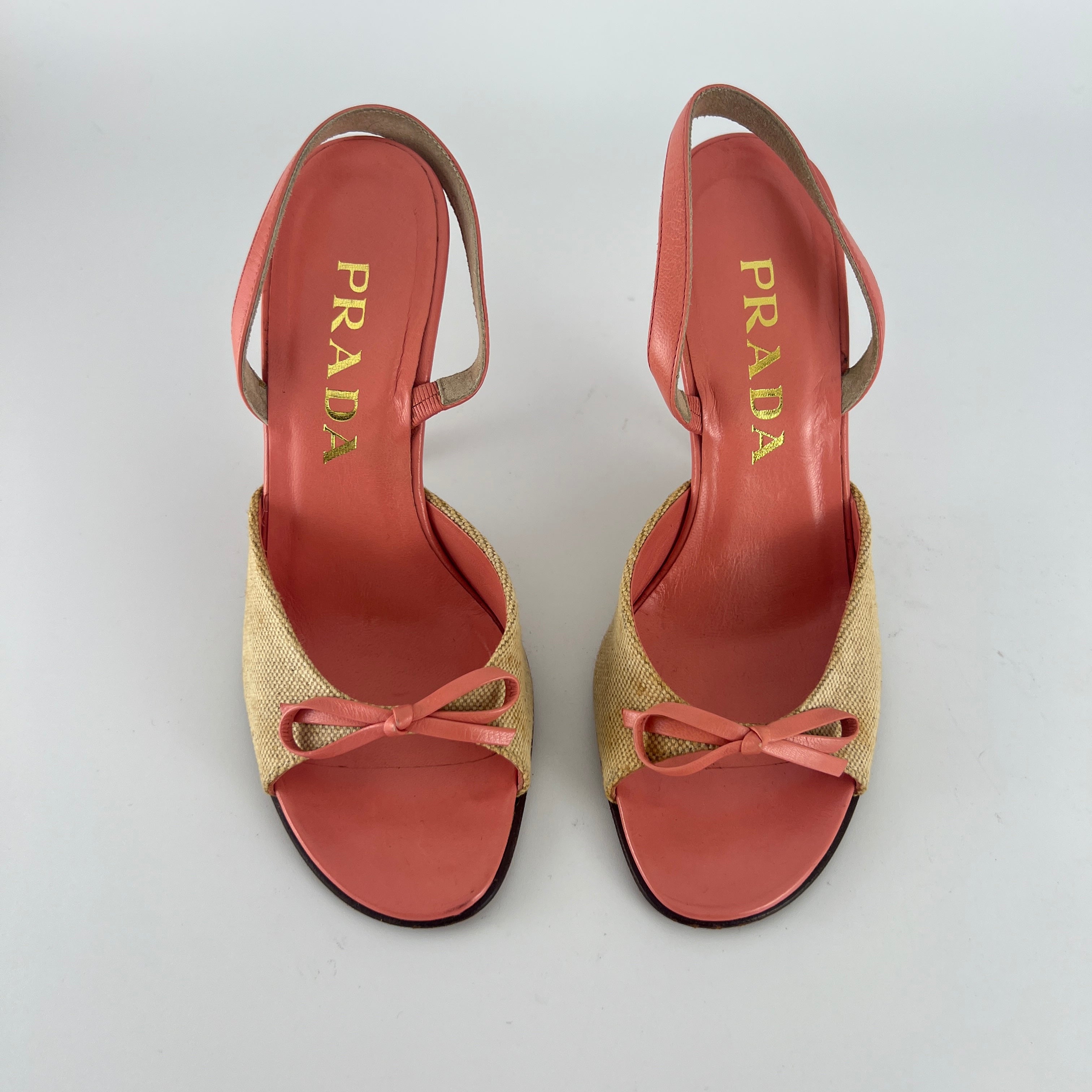Prada | Vintage Pink Leather Bow Burlap Slingback Heels (35.5)