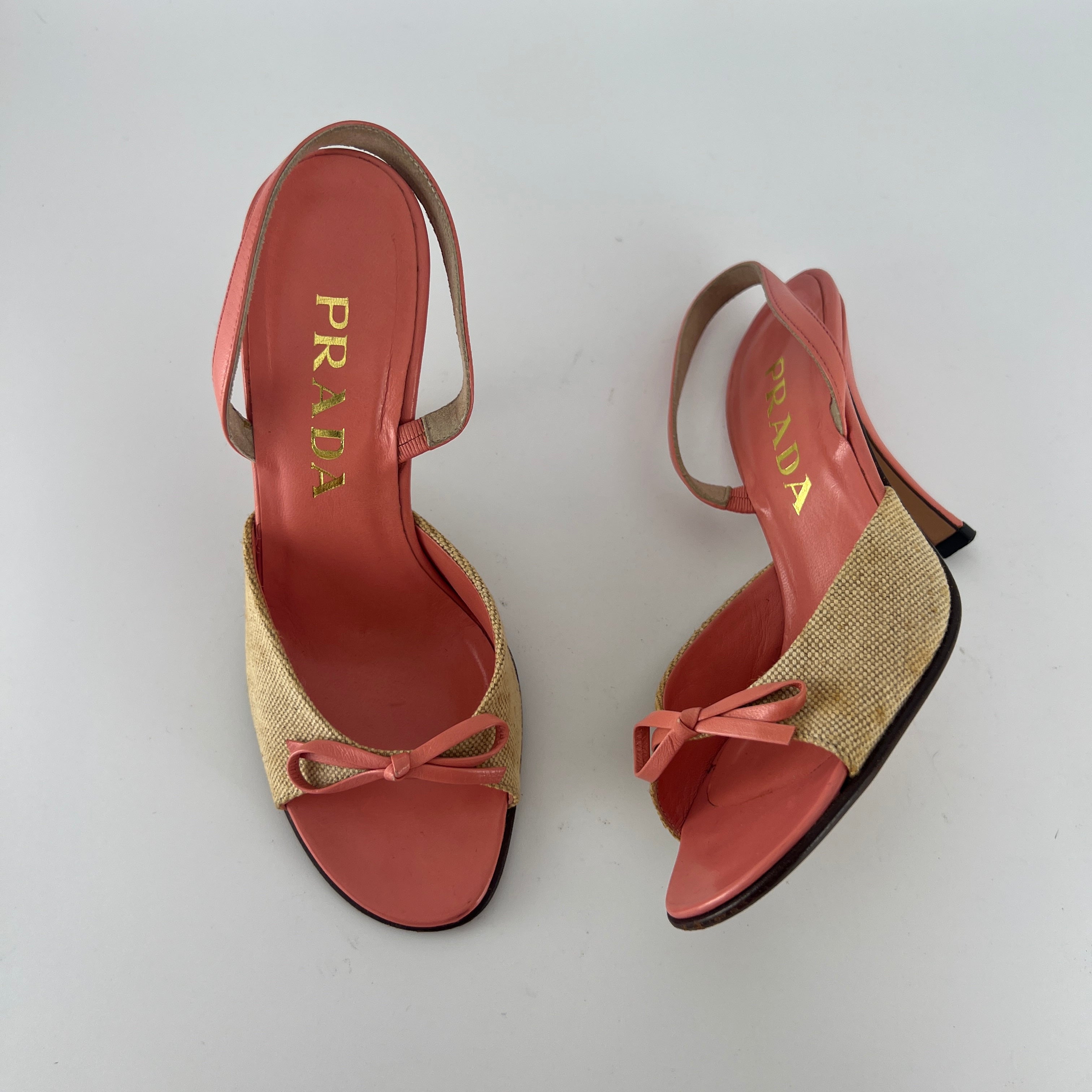 Prada | Vintage Pink Leather Bow Burlap Slingback Heels (35.5)