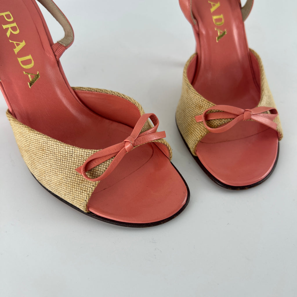 Prada | Vintage Pink Leather Bow Burlap Slingback Heels (35.5)