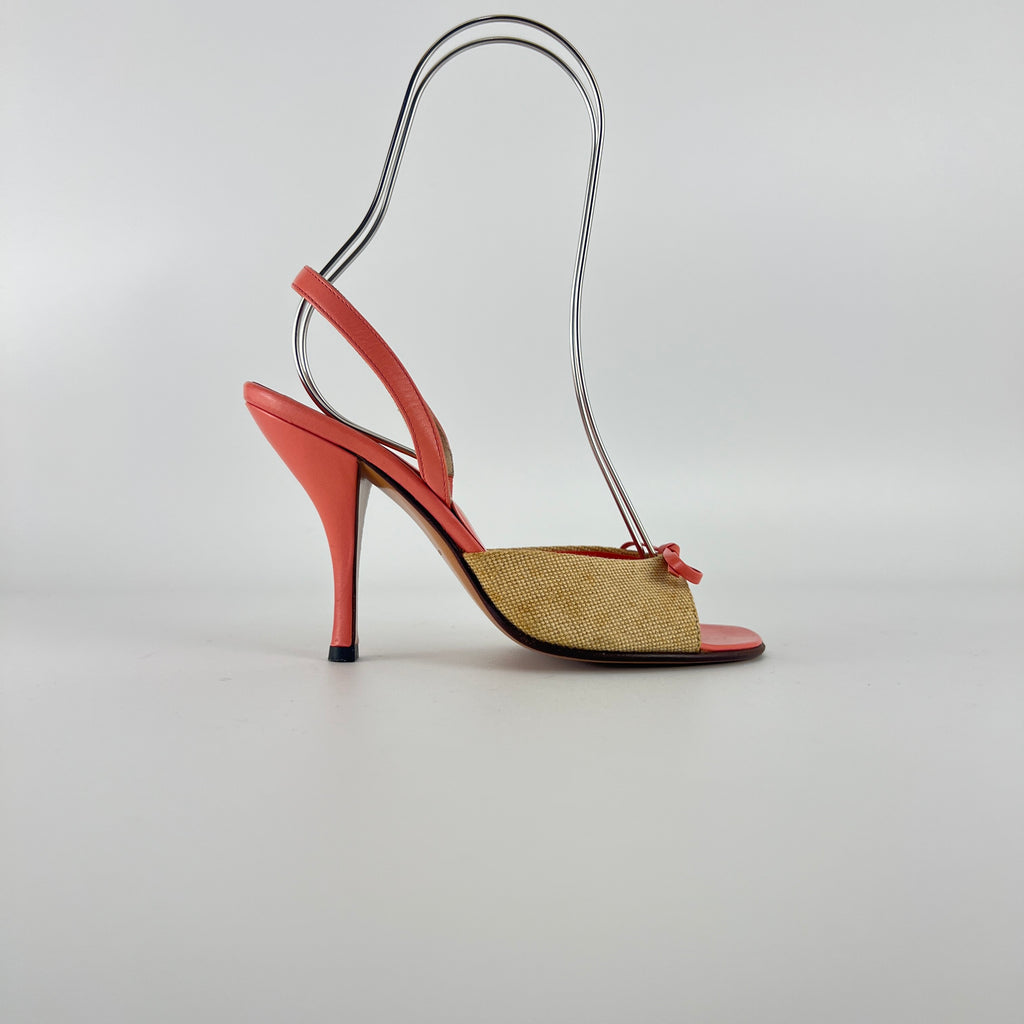Prada | Vintage Pink Leather Bow Burlap Slingback Heels (35.5)