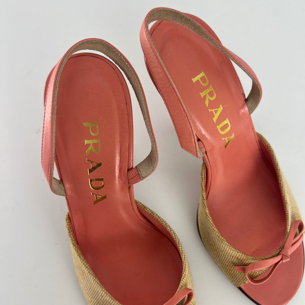 Prada | Vintage Pink Leather Bow Burlap Slingback Heels (35.5)