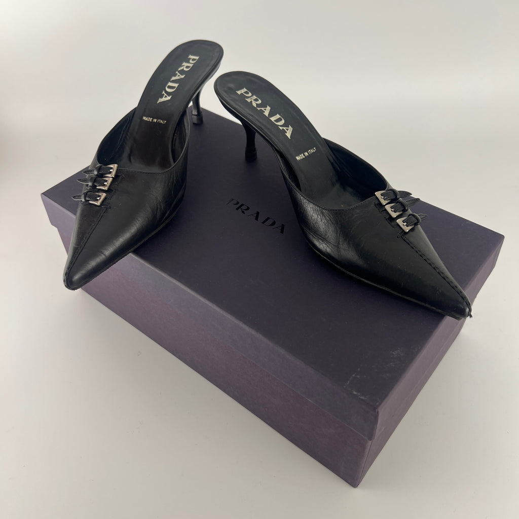 Prada | Vintage Black Leather Silver Buckle Pointed Toe Kitten Heel Mule (35.5)