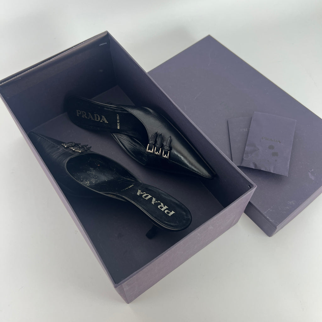 Prada | Vintage Black Leather Silver Buckle Pointed Toe Kitten Heel Mule (35.5)