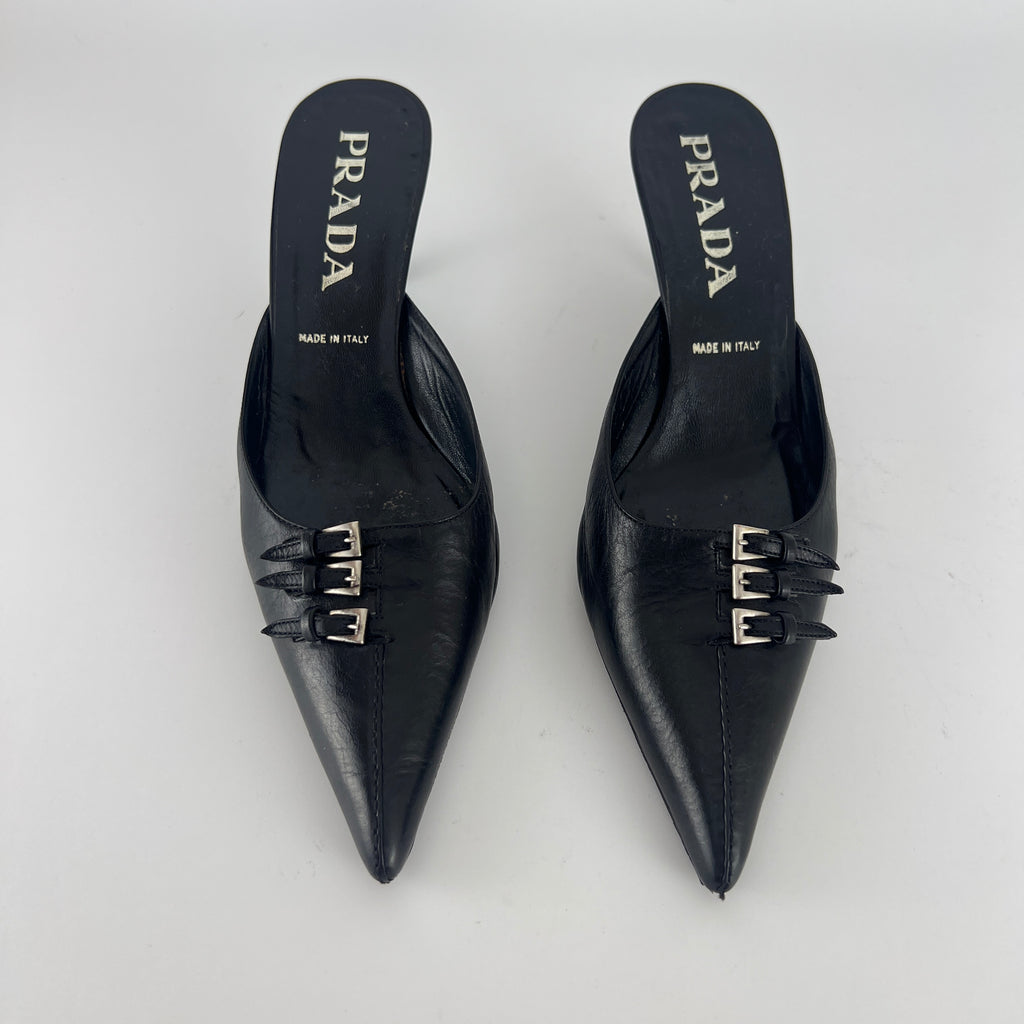Prada | Vintage Black Leather Silver Buckle Pointed Toe Kitten Heel Mule (35.5)