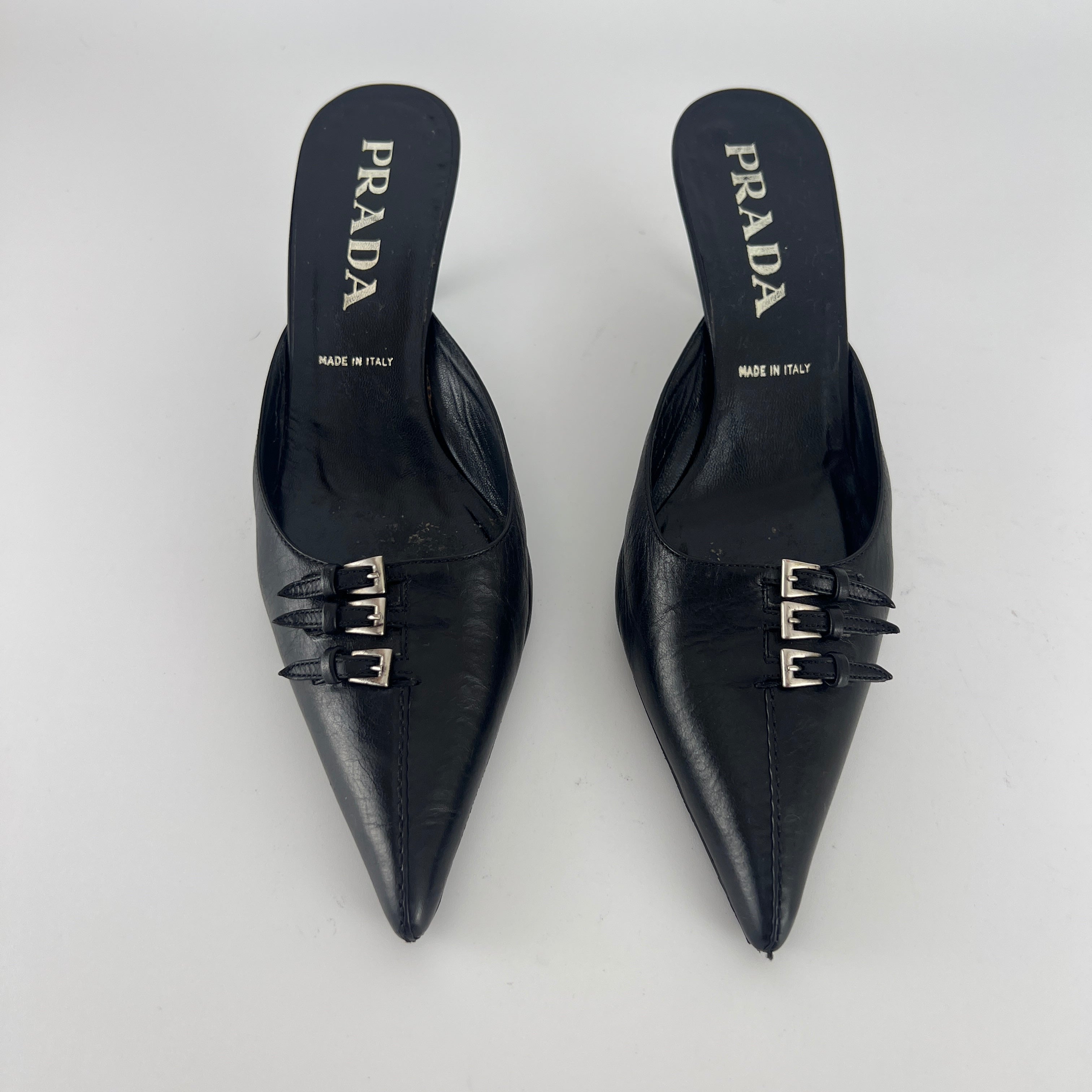 Prada | Vintage Black Leather Silver Buckle Pointed Toe Kitten Heel Mule (35.5)