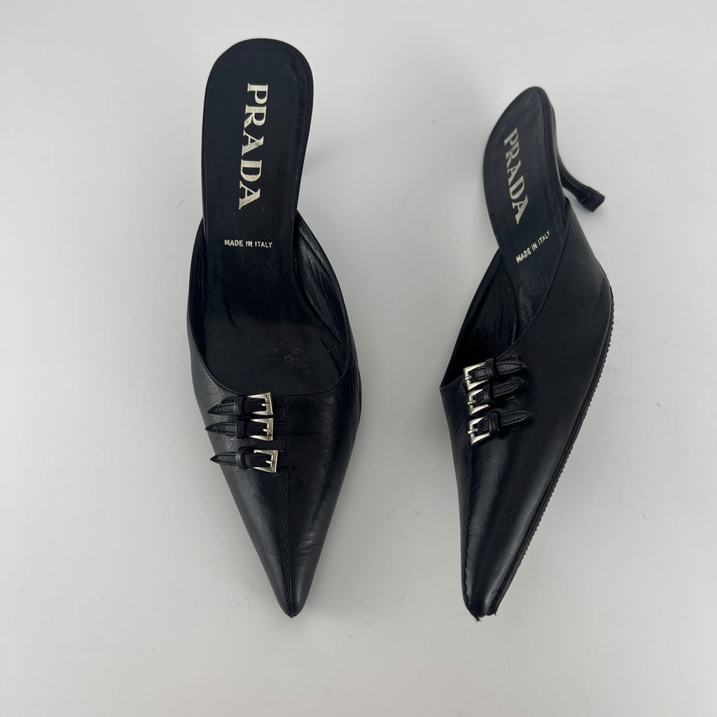 Prada | Vintage Black Leather Silver Buckle Pointed Toe Kitten Heel Mule (35.5)
