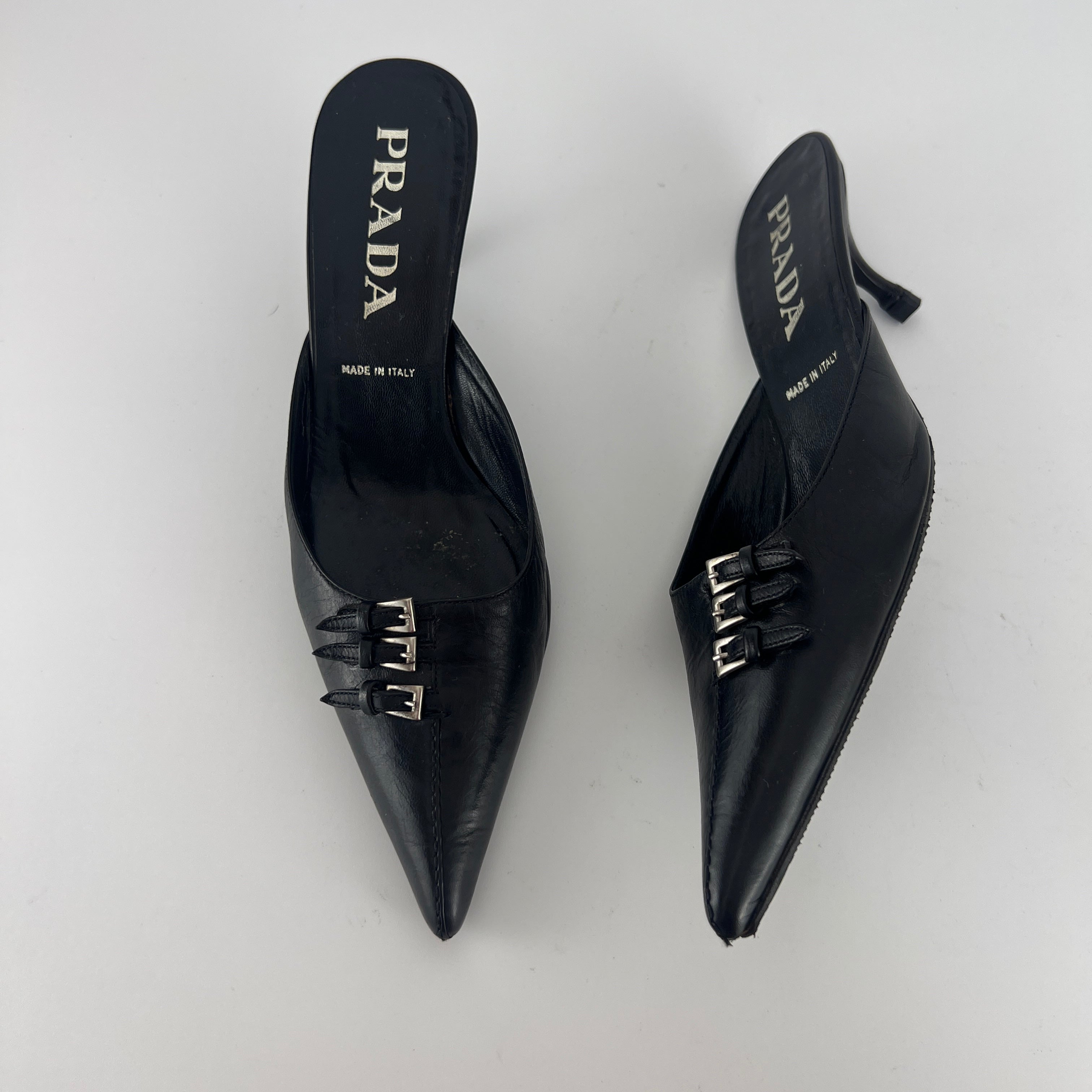 Prada | Vintage Black Leather Silver Buckle Pointed Toe Kitten Heel Mule (35.5)