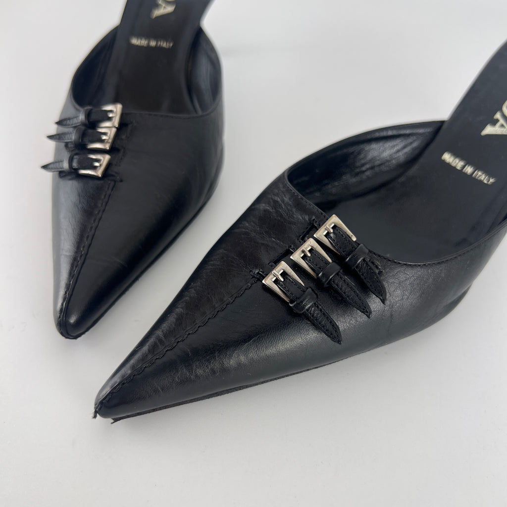 Prada | Vintage Black Leather Silver Buckle Pointed Toe Kitten Heel Mule (35.5)