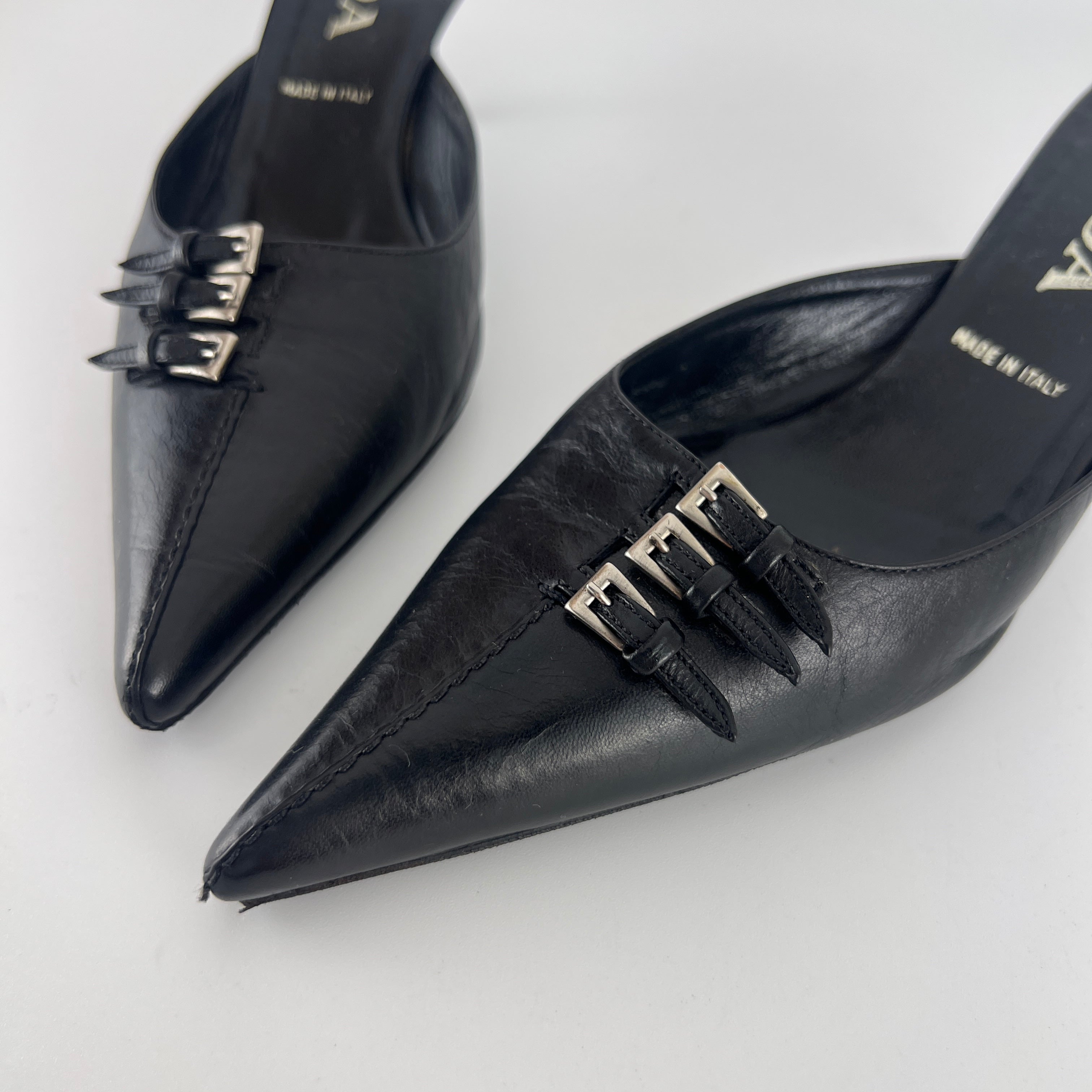 Prada | Vintage Black Leather Silver Buckle Pointed Toe Kitten Heel Mule (35.5)